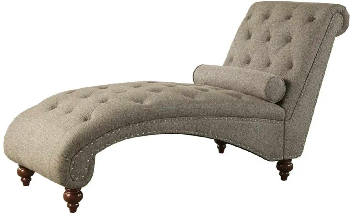 Amey 69 Inch Chaise Lounger, Solid Wood, Rolled Button Tufted Gray Fabric - Benzara