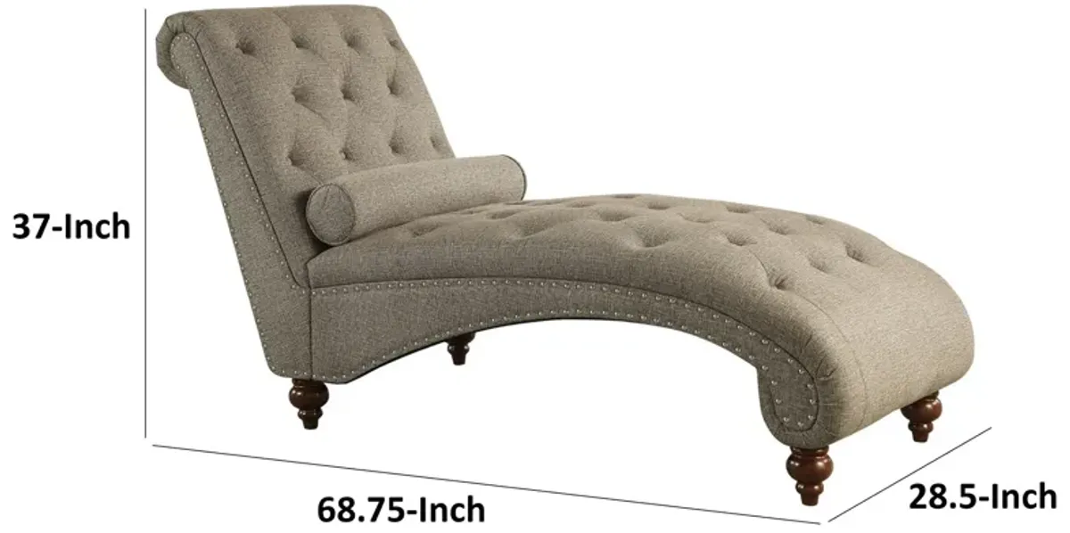 Amey 69 Inch Chaise Lounger, Solid Wood, Rolled Button Tufted Gray Fabric - Benzara