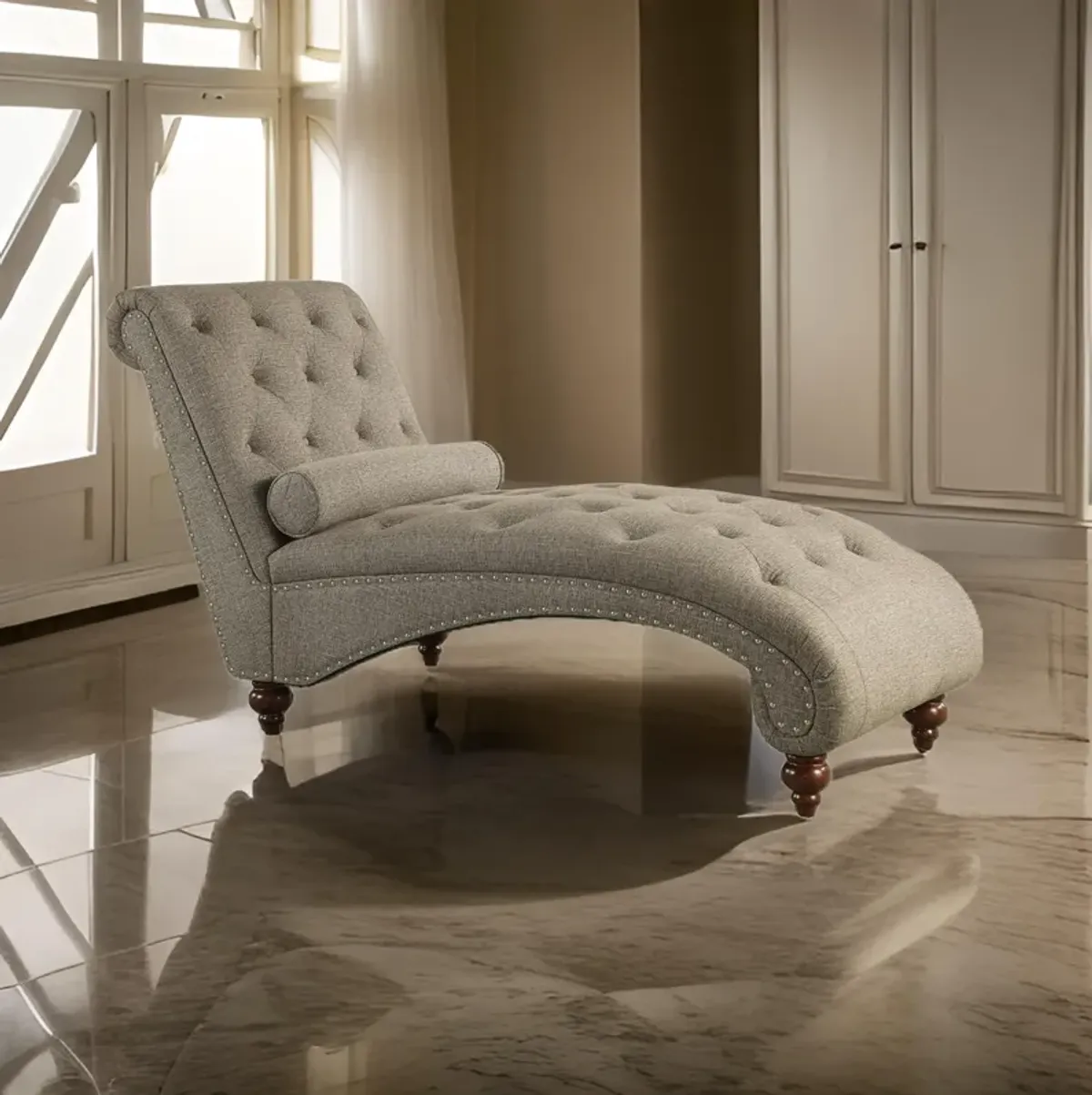 Amey 69 Inch Chaise Lounger, Solid Wood, Rolled Button Tufted Gray Fabric - Benzara