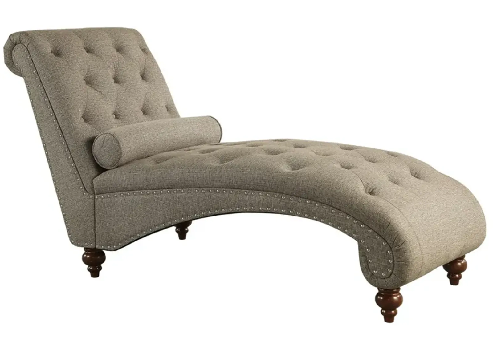 Amey 69 Inch Chaise Lounger, Solid Wood, Rolled Button Tufted Gray Fabric - Benzara