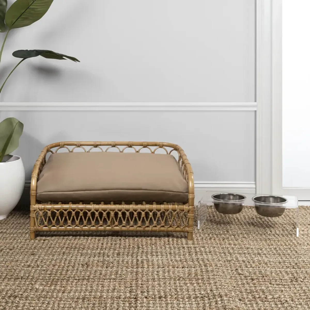 Elevated Bohemian Handwoven Rattan Dog Daybed with Machine-Washable Cushion