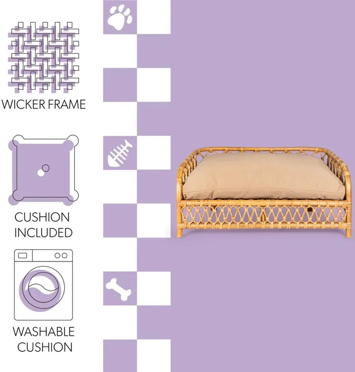 Elevated Bohemian Handwoven Rattan Dog Daybed with Machine-Washable Cushion