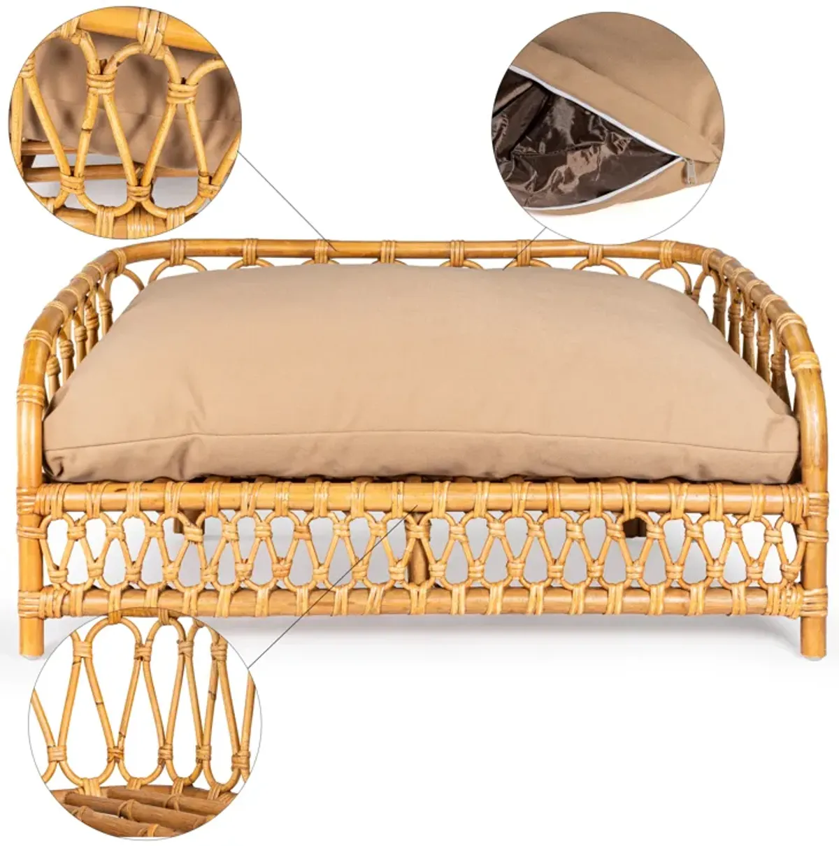 Elevated Bohemian Handwoven Rattan Dog Daybed with Machine-Washable Cushion