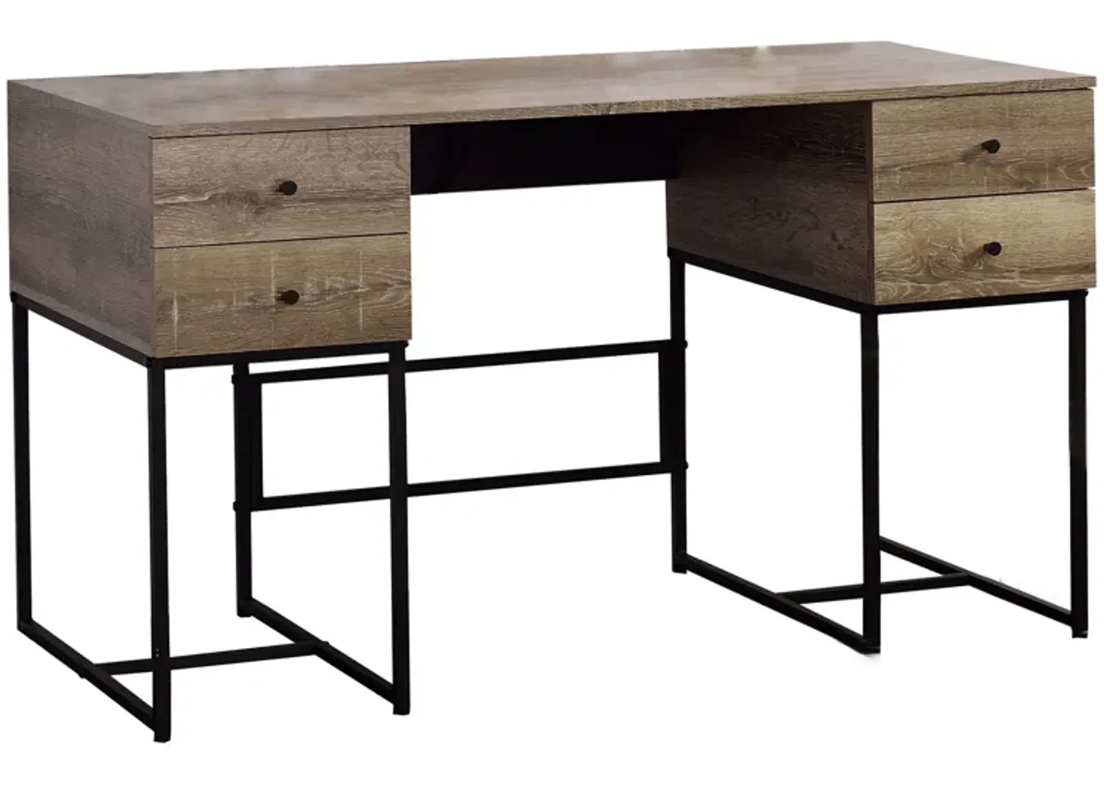 Wooden Desk with 4 Drawers and Tubular Metal Support, Brown and Black-Benzara