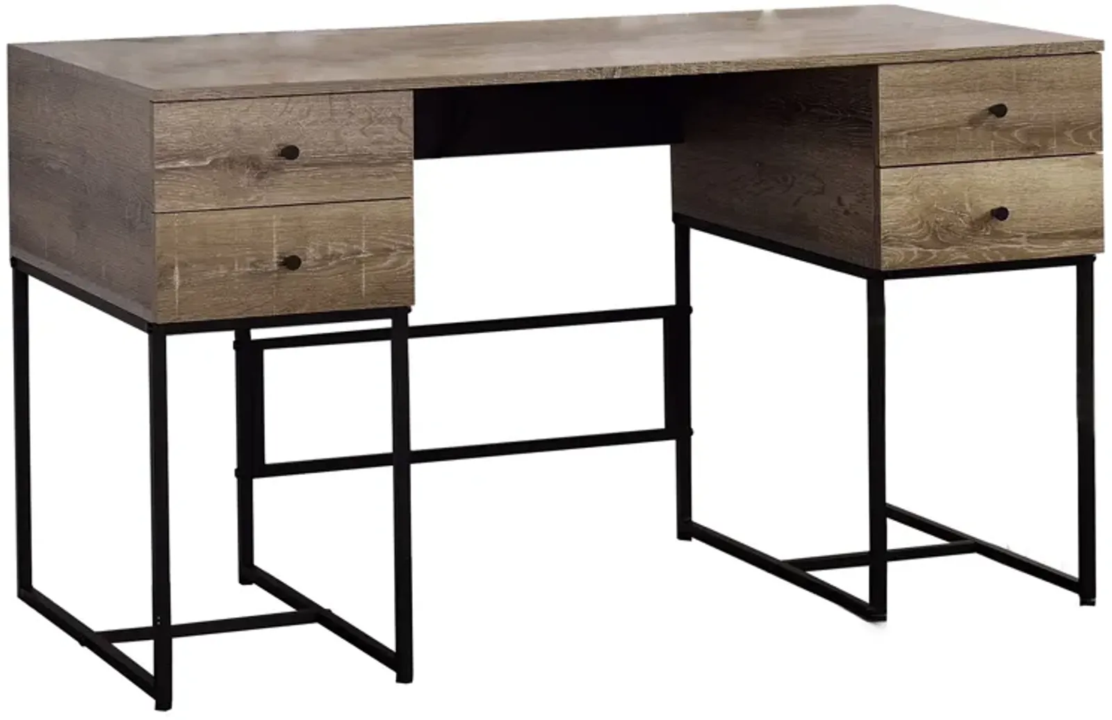 Wooden Desk with 4 Drawers and Tubular Metal Support, Brown and Black-Benzara