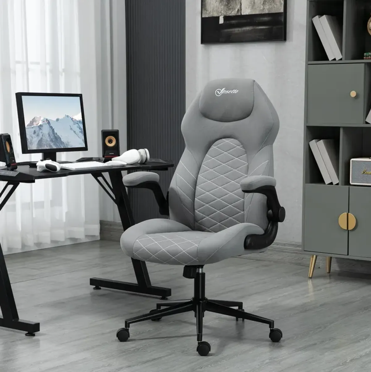 Light Gray Ergonomic Office Chair: Flip-Up Arms, Adjustable Height