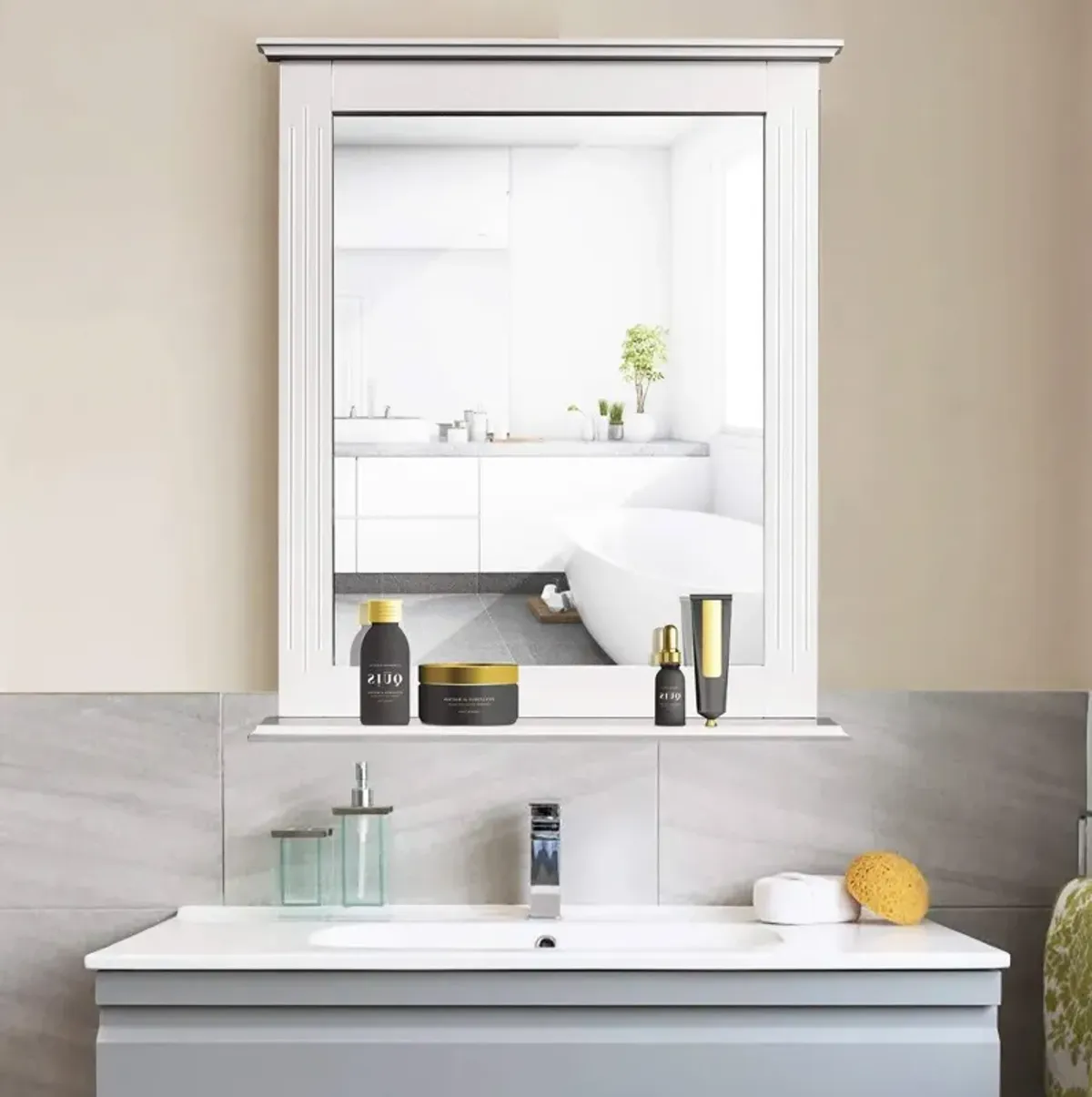 QuikFurn White Rectangle Bedroom Bathroom Vanity Wall Mirror with Bottom Shelf