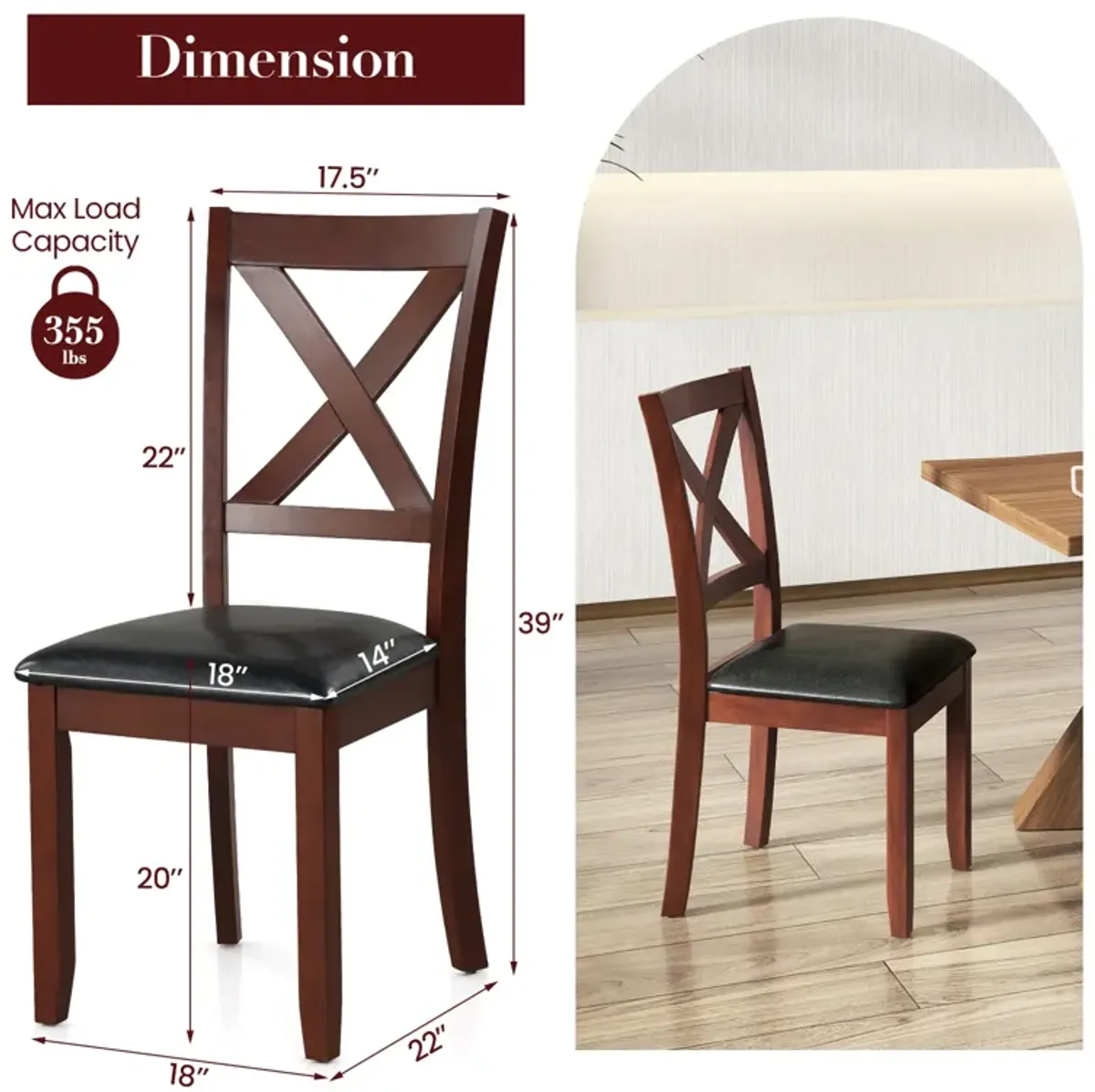 Set of 2 Wooden Kitchen Dining Chair with Padded Seat and Rubber Wood Legs-Black