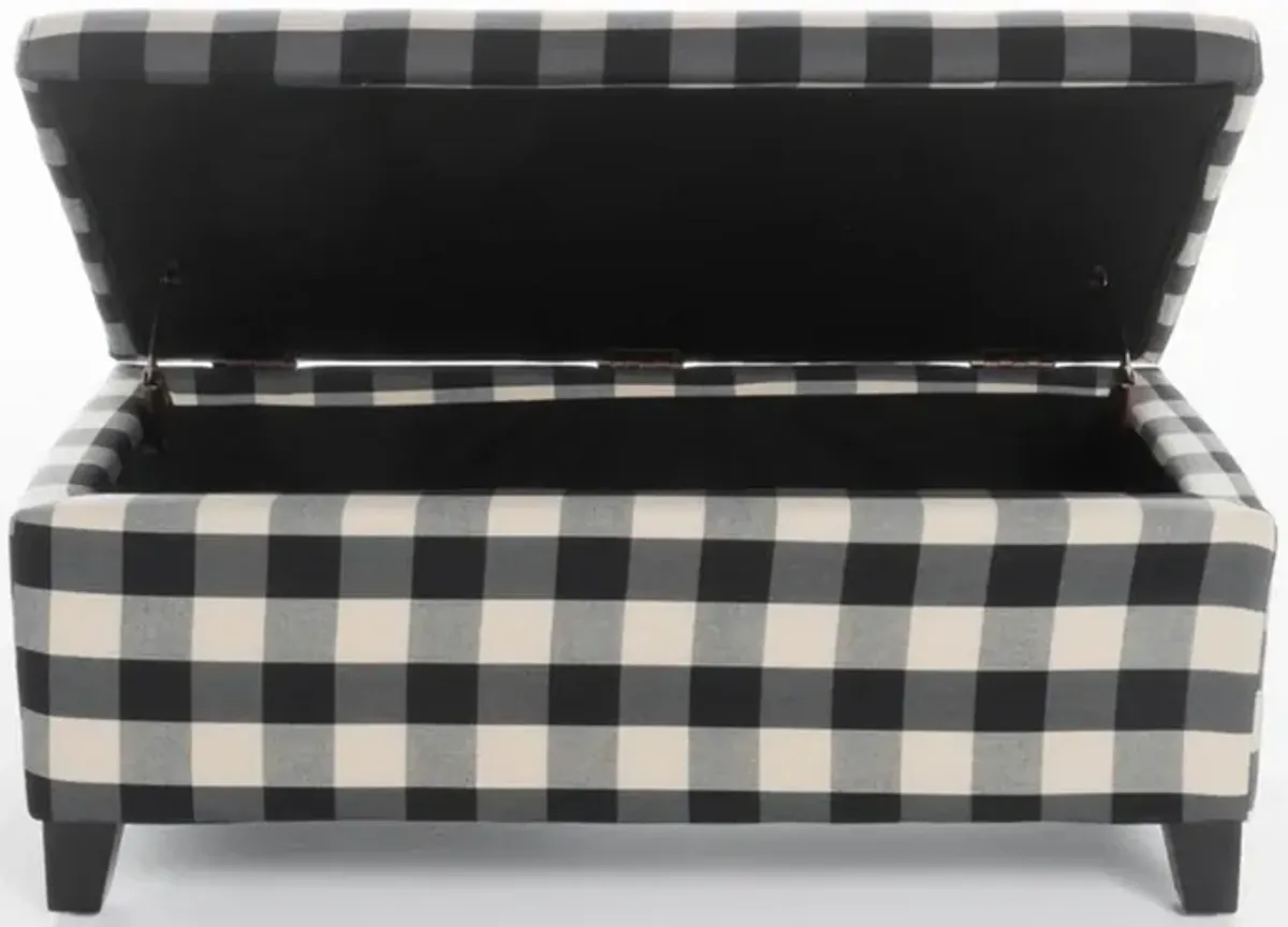 Devi 38 Inch Storage Ottoman, Classic Black Cream Checkered Pattern - Benzara