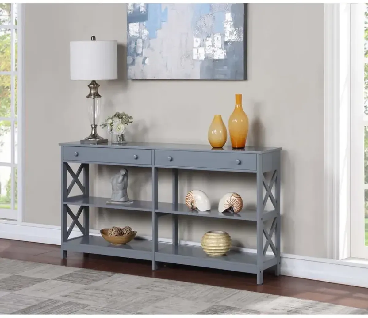 Convenience Concepts Oxford 2 Drawer 60 inch Console Table with Shelves, Gray