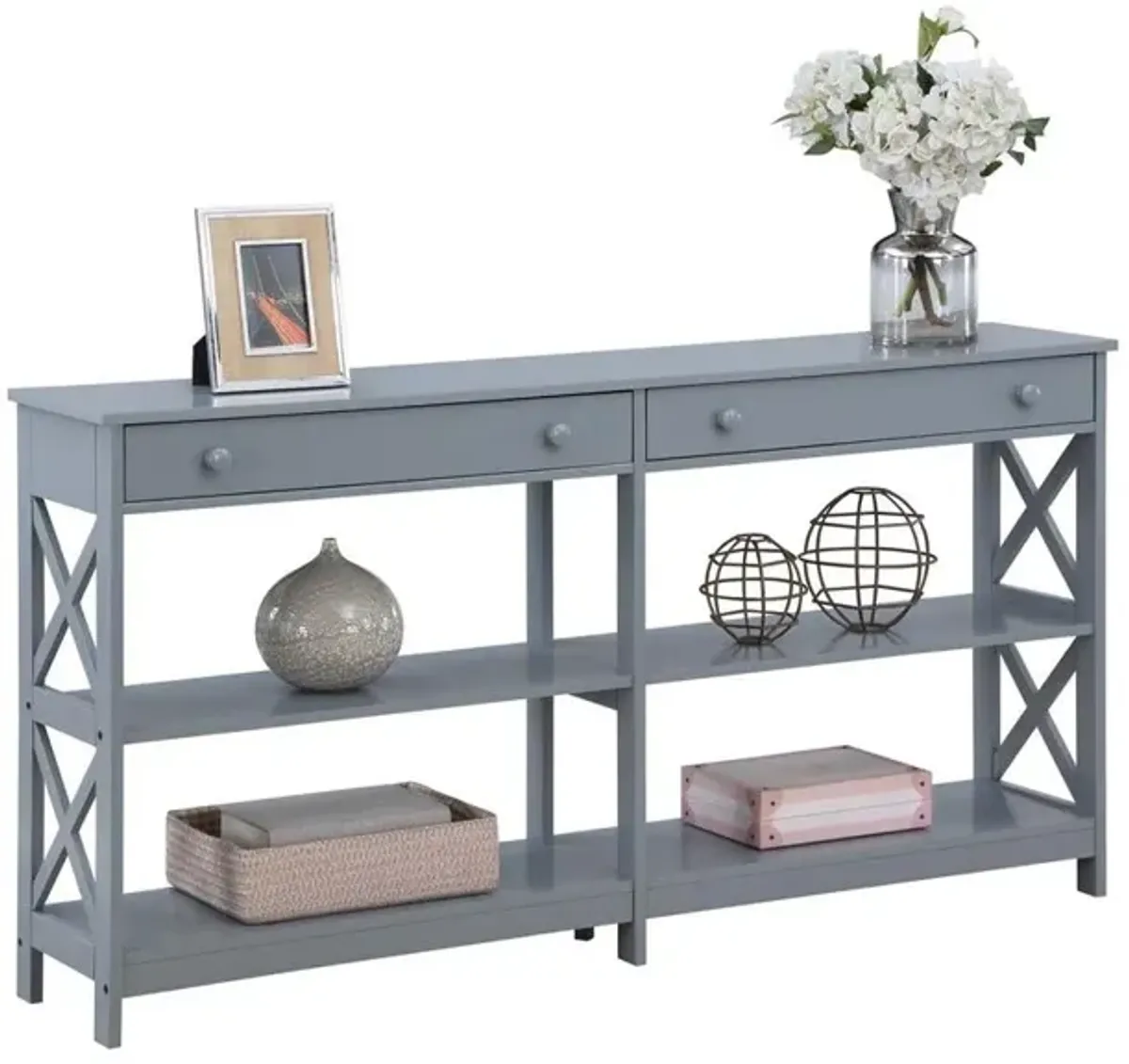 Convenience Concepts Oxford 2 Drawer 60 inch Console Table with Shelves, Gray