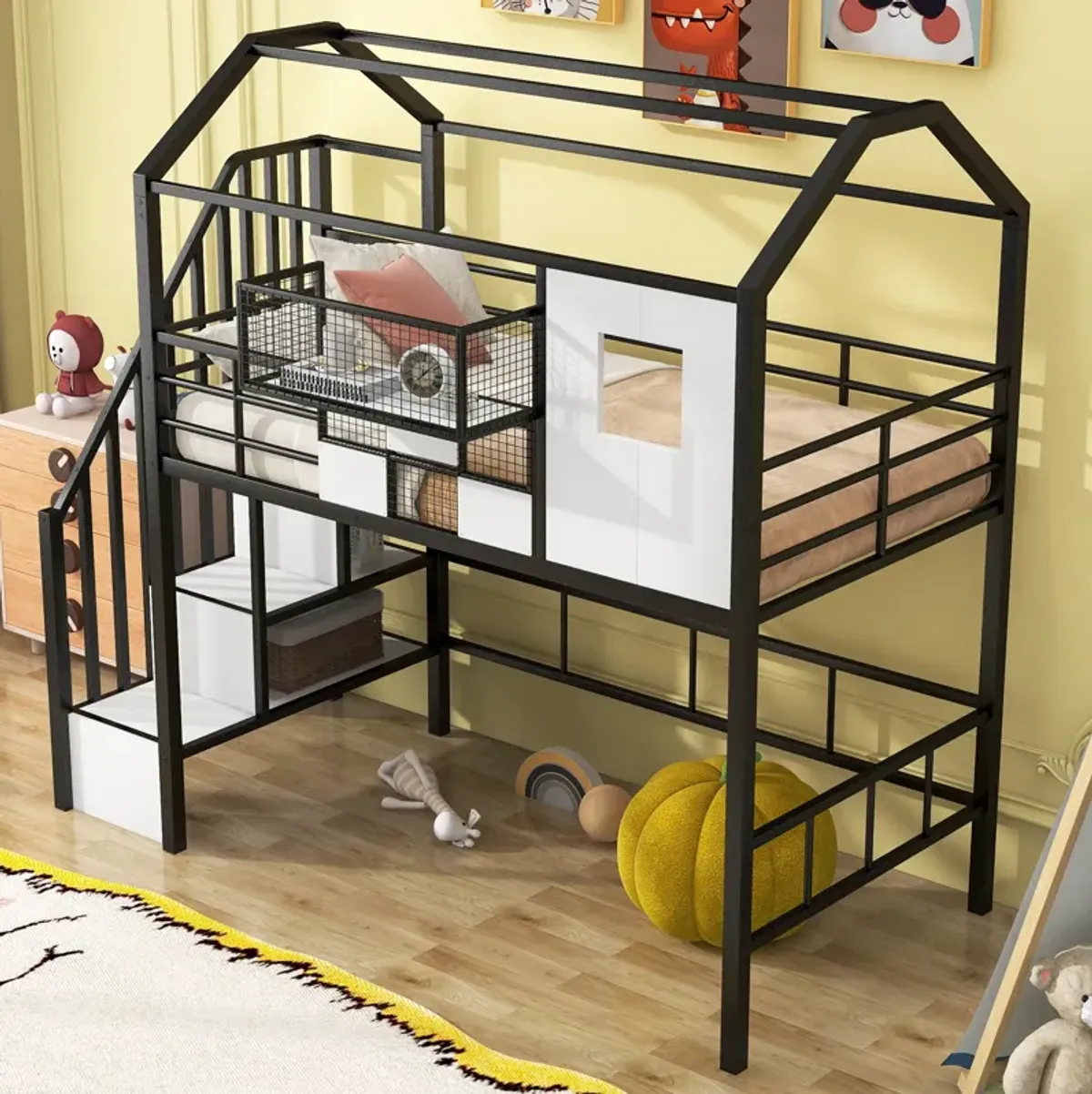 Merax Metal Loft Bed with Roof and A Storage Box