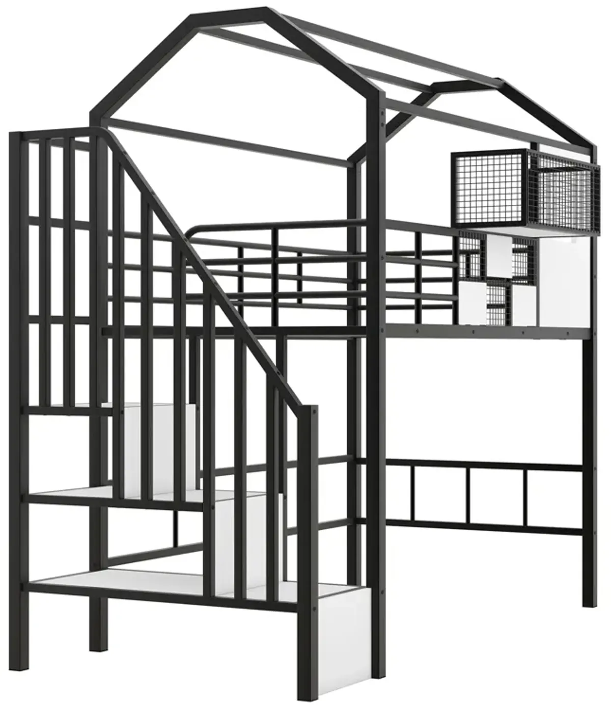 Merax Metal Loft Bed with Roof and A Storage Box