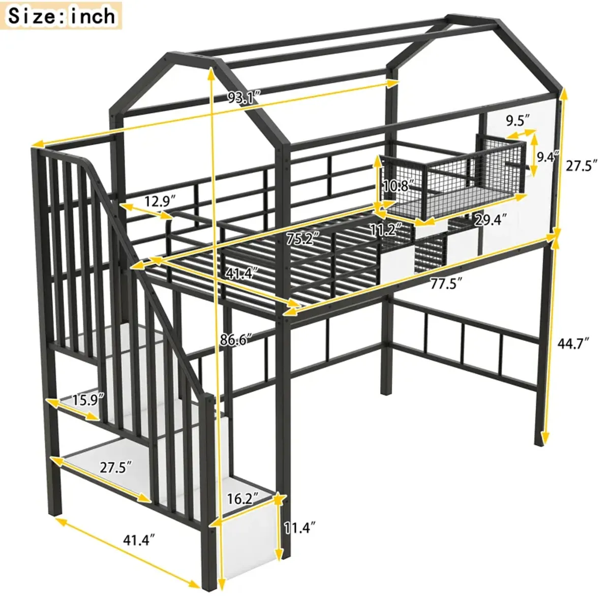 Merax Metal Loft Bed with Roof and A Storage Box