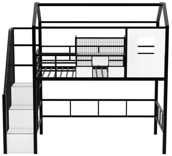 Merax Metal Loft Bed with Roof and A Storage Box