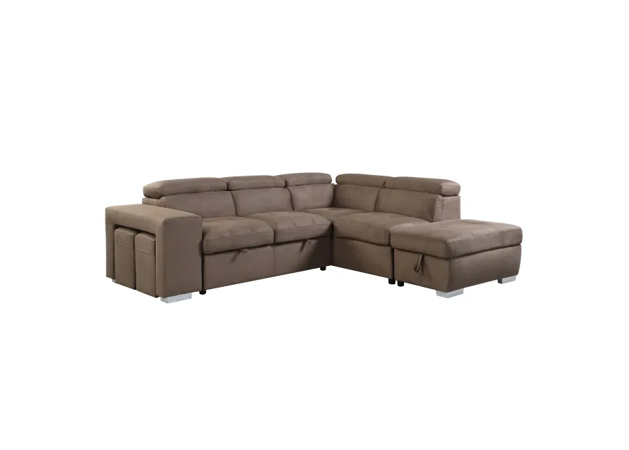 Sectional  Sleeper Sofa with 2 Pullout Stools Fabric