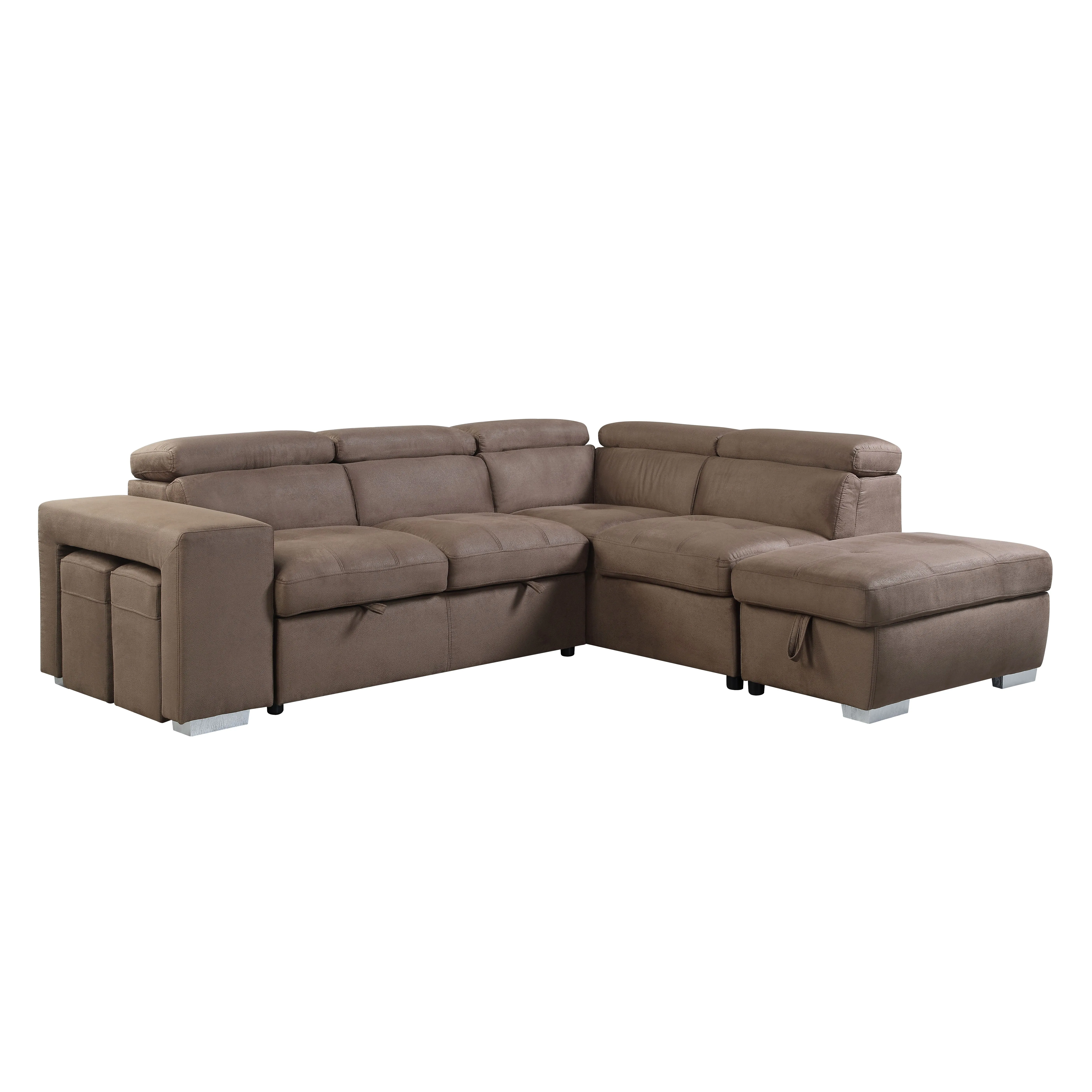 Sectional  Sleeper Sofa with 2 Pullout Stools Fabric