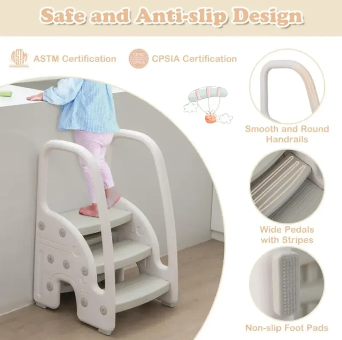 Hivvago 3-Step Stool with Safety Handles and Non-slip Pedals for Toddlers