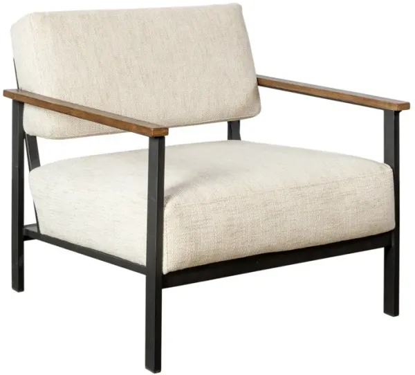 31 Inch Upholstered Accent Chair, Oak Wood Arms, Metal, Beige, Black-Benzara
