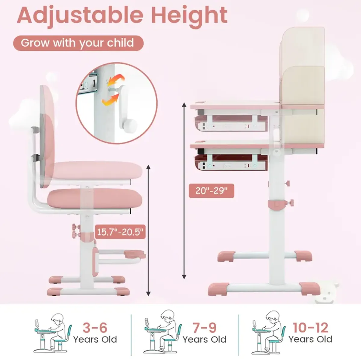 Kids Desk and Chair Set with Adjustable Height and Tilted Desktop