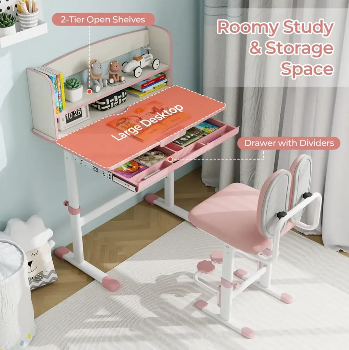 Kids Desk and Chair Set with Adjustable Height and Tilted Desktop