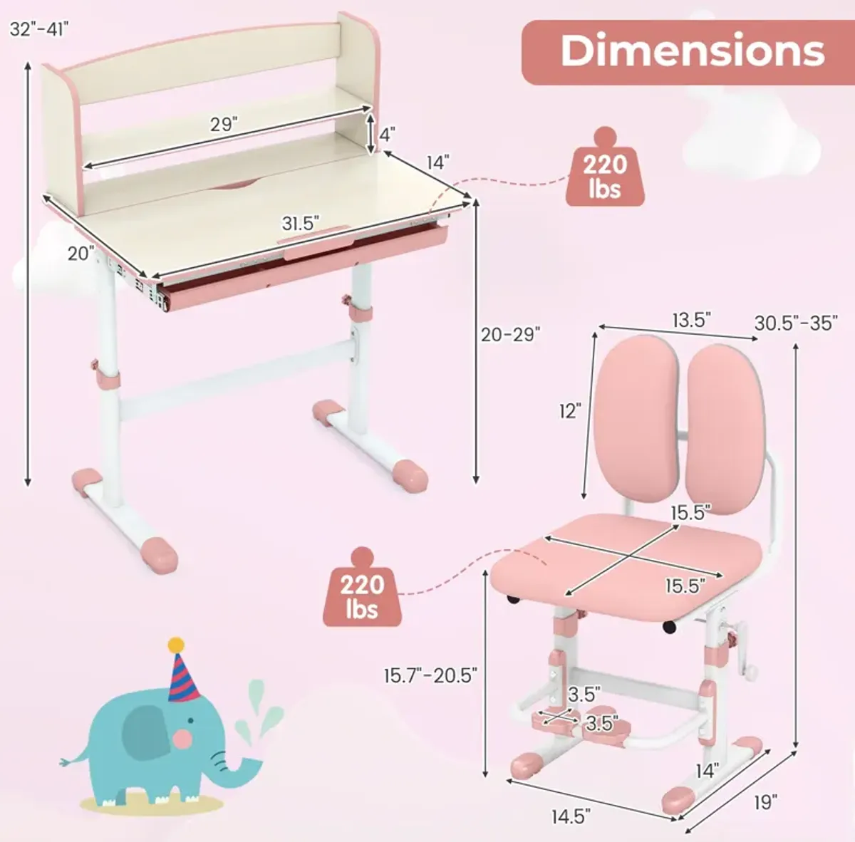 Kids Desk and Chair Set with Adjustable Height and Tilted Desktop