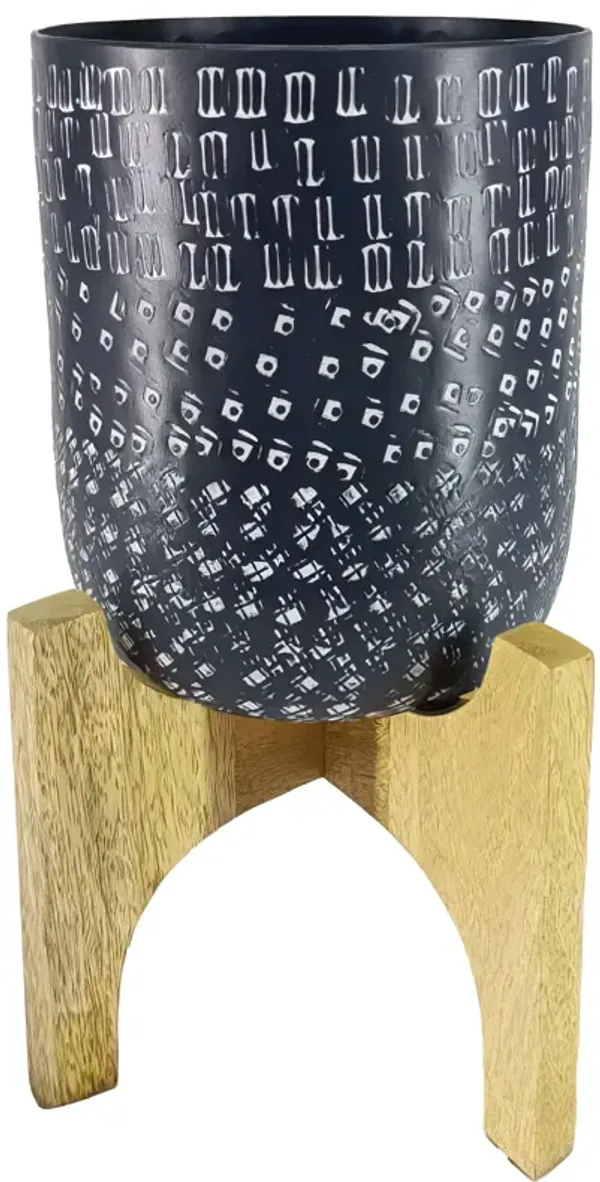 Alex 8 Inch Artisanal Industrial Round Hammered Metal Planter Pot with Wood Arch Stand, Midnight Blue-Benzara