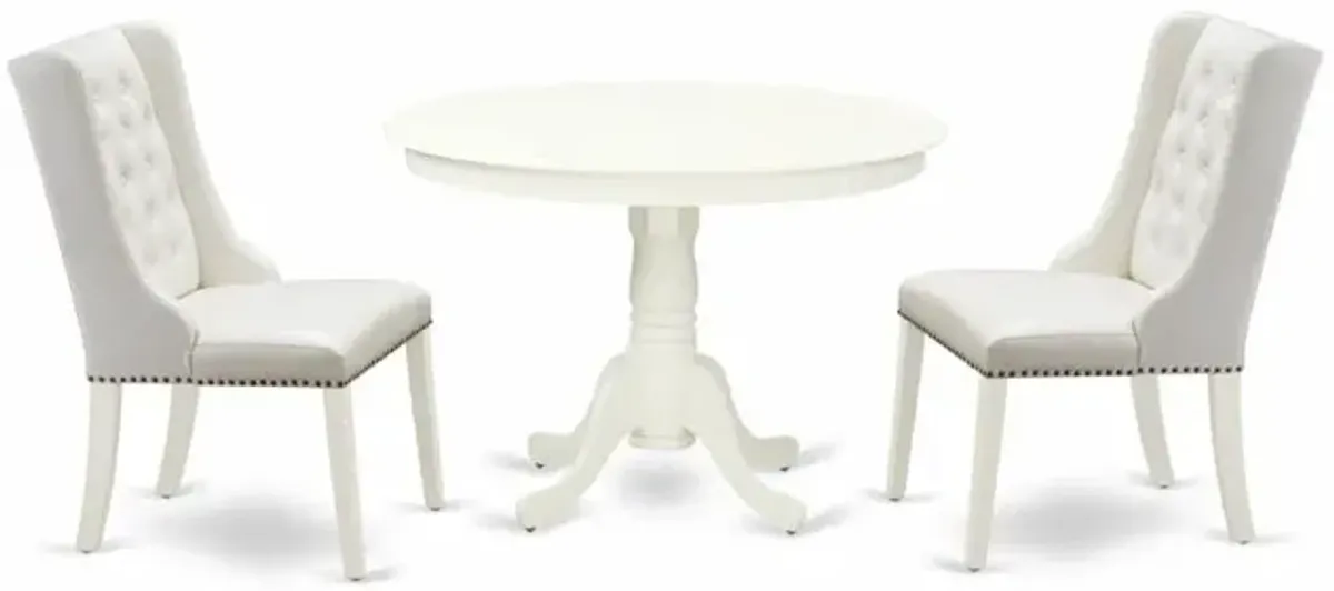 East West Furniture HLFO3-LWH-44 3-Pc Kitchen Table Set Includes 1 Pedestal Kitchen Table and 2 Light Grey Linen Fabric Parson Chairs with Button Tufted Back - Linen White Finish
