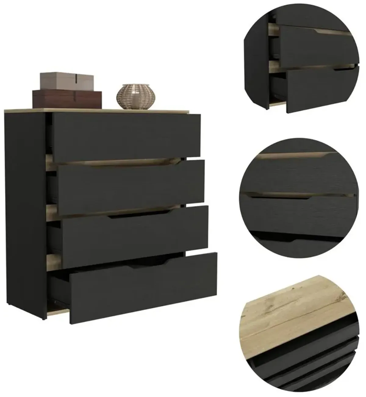 DEPOT E-SHOP Aralia Drawer Dresser-Four Drawers, Countertop-Black/Light Oak, For Bedroom