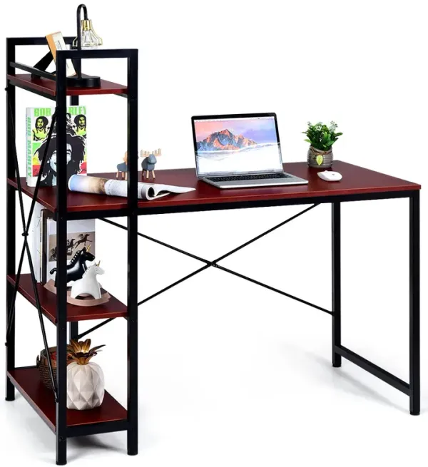 Costway 47.5'' Compact Computer Desk With 4-Tier Storage Bookshelves for Home Office Brown