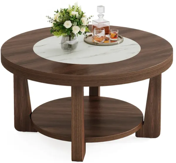 2-Tier Coffee Table, Industrial Circle Wooden Accent Center Table with Storage, Wood Round Coffee Table for Living Room
