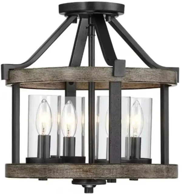 4-Light Farmhouse Ceiling Lamp with Round Metal and Wood Semi-Flush Mount Style
