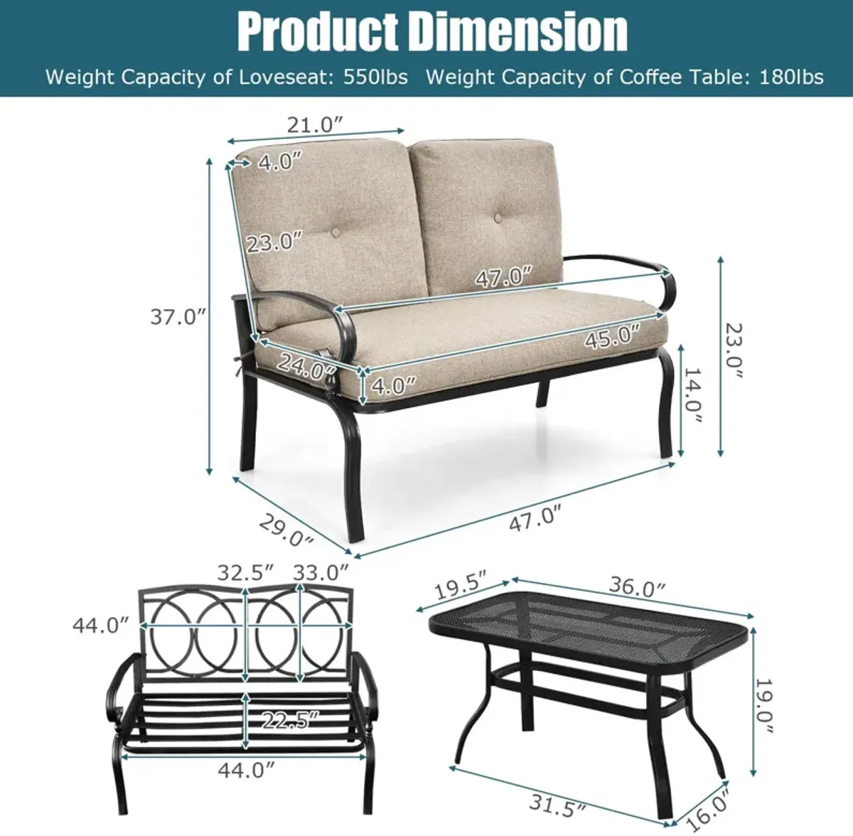 2PCS Patio Loveseat Bench Table Furniture Set with Cushioned Chair