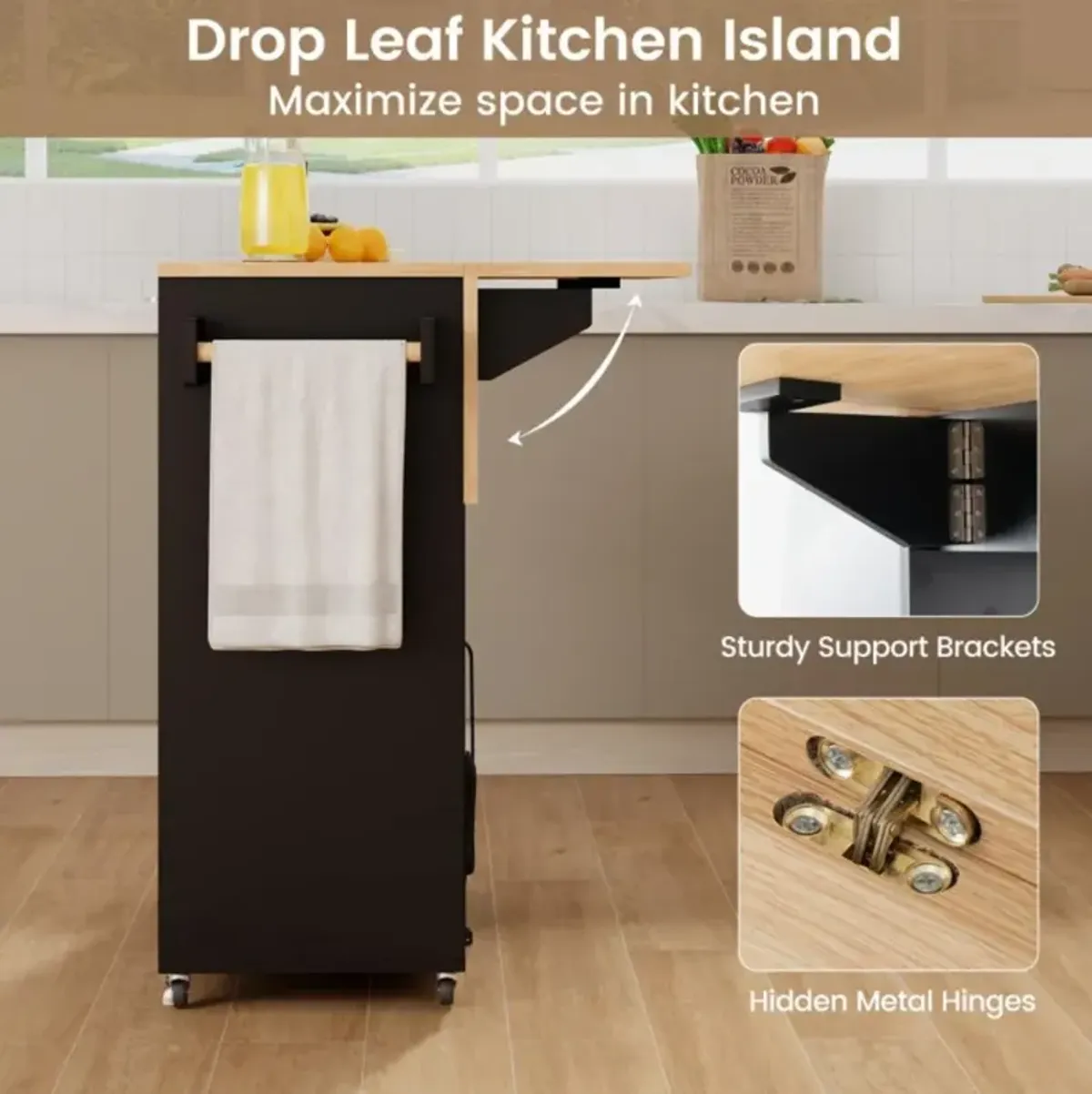 Hivvago Drop Leaf Mobile Kitchen Island Cart with Power Outlet and Adjustable Shelf