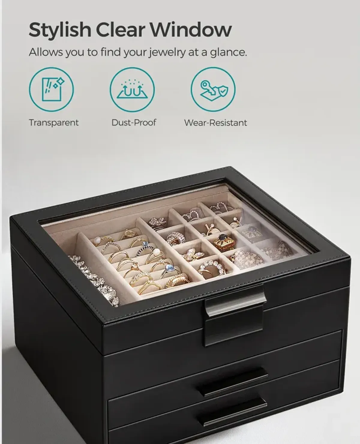 3-Layer Jewelry Box with Glass Lid and 2 Drawers - Perfect Gift for Loved Ones