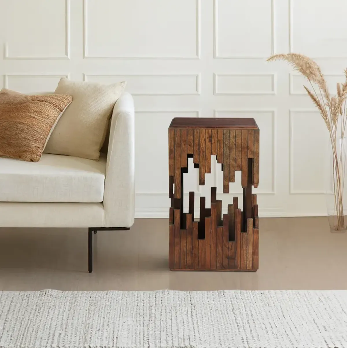 24 Inch Accent Side End Table, Brown Acacia Wood, Slatted Square Top, Handcrafted Abstract Silhouette, Black Iron - Benzara