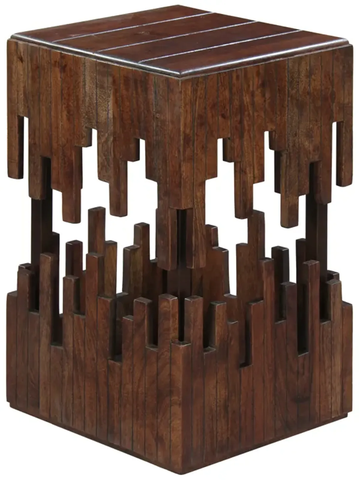 24 Inch Accent Side End Table, Brown Acacia Wood, Slatted Square Top, Handcrafted Abstract Silhouette, Black Iron - Benzara