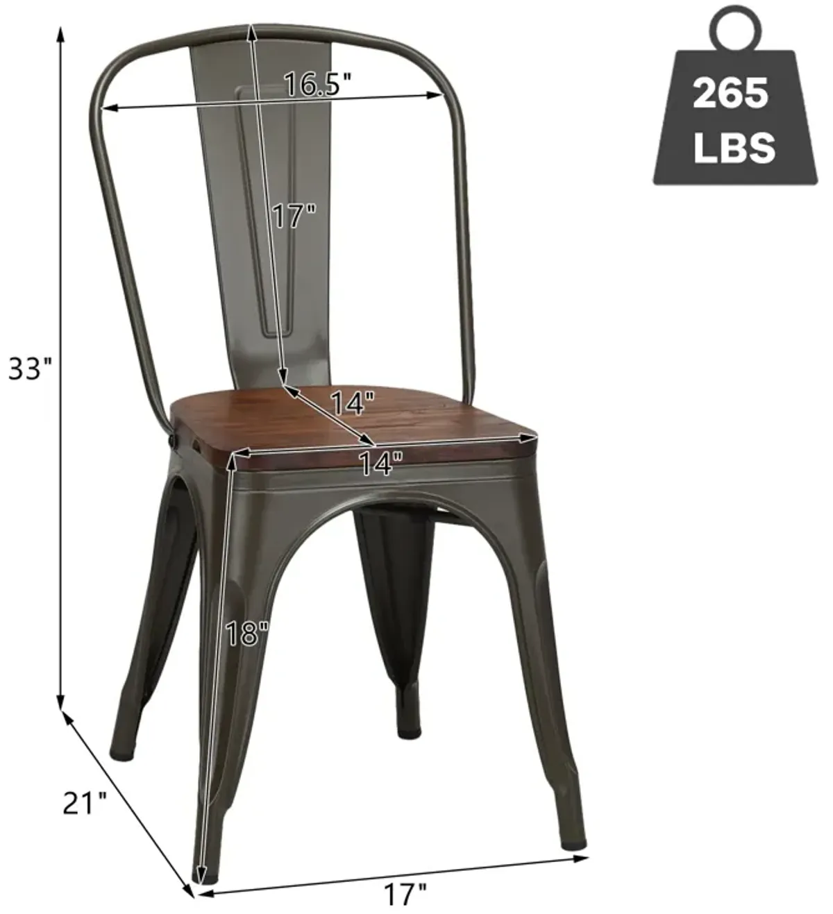 18 Inch Height Set of 4 Stackable Style Metal Wood Dining Chair