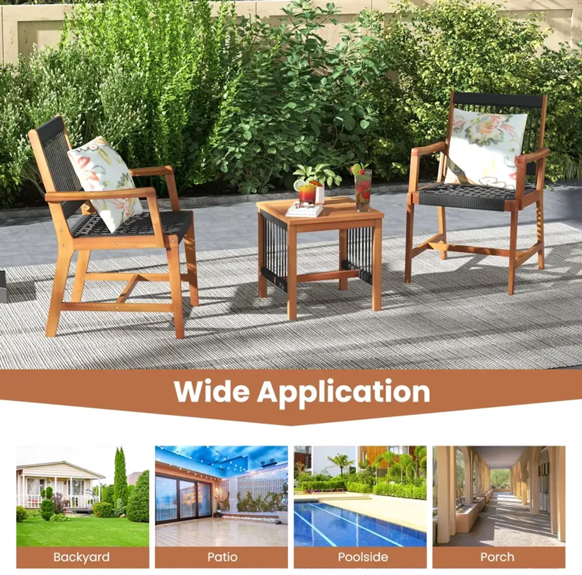 3 Pieces Acacia Wood Patio Conversation Sets with Armchairs Coffee Table