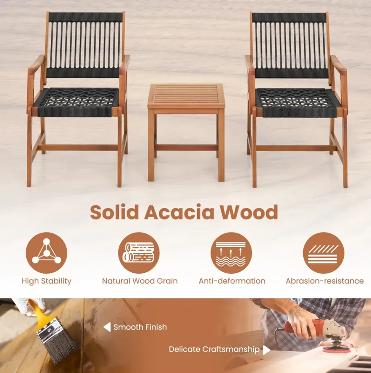 3 Pieces Acacia Wood Patio Conversation Sets with Armchairs Coffee Table