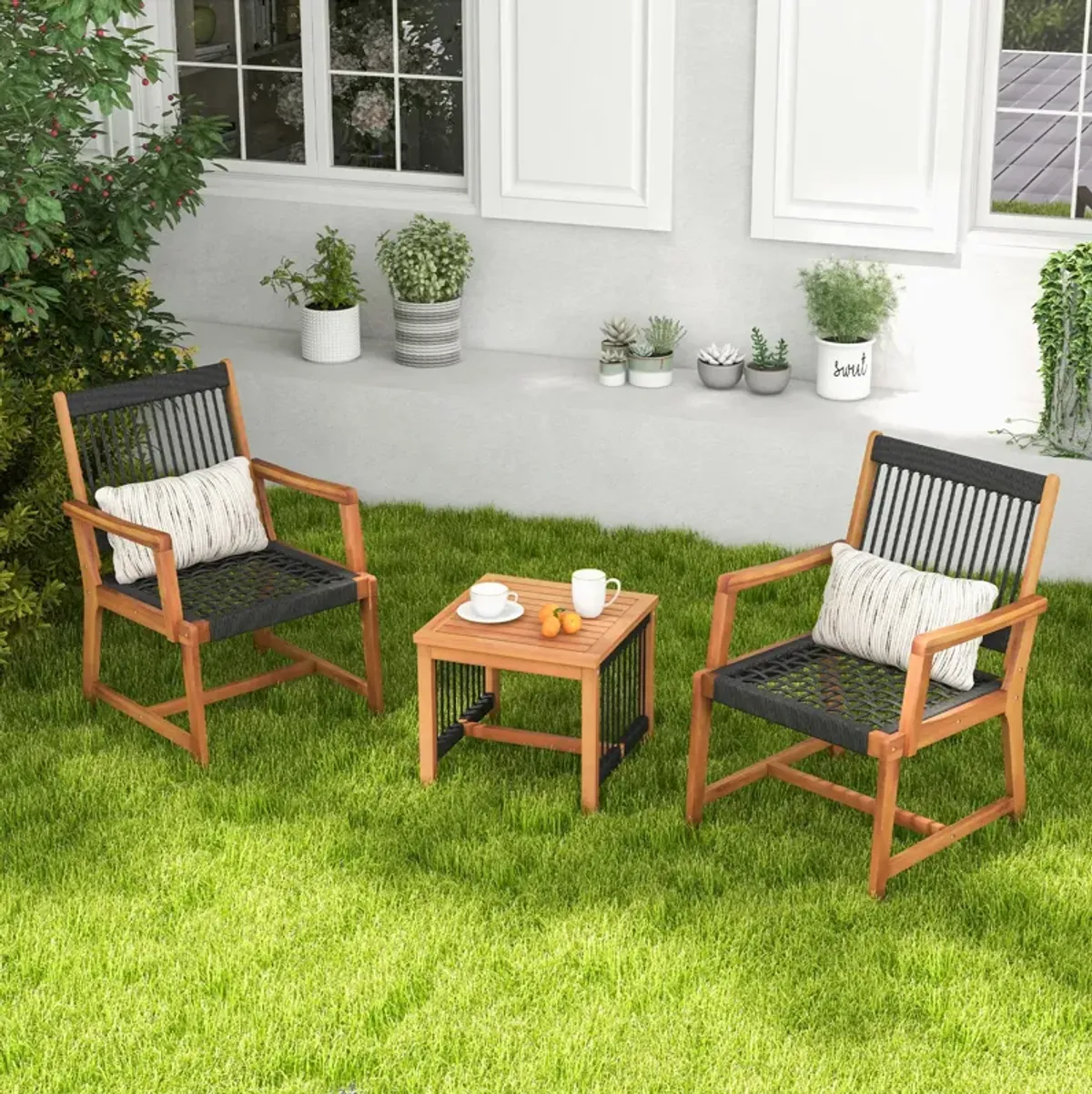 3 Pieces Acacia Wood Patio Conversation Sets with Armchairs Coffee Table