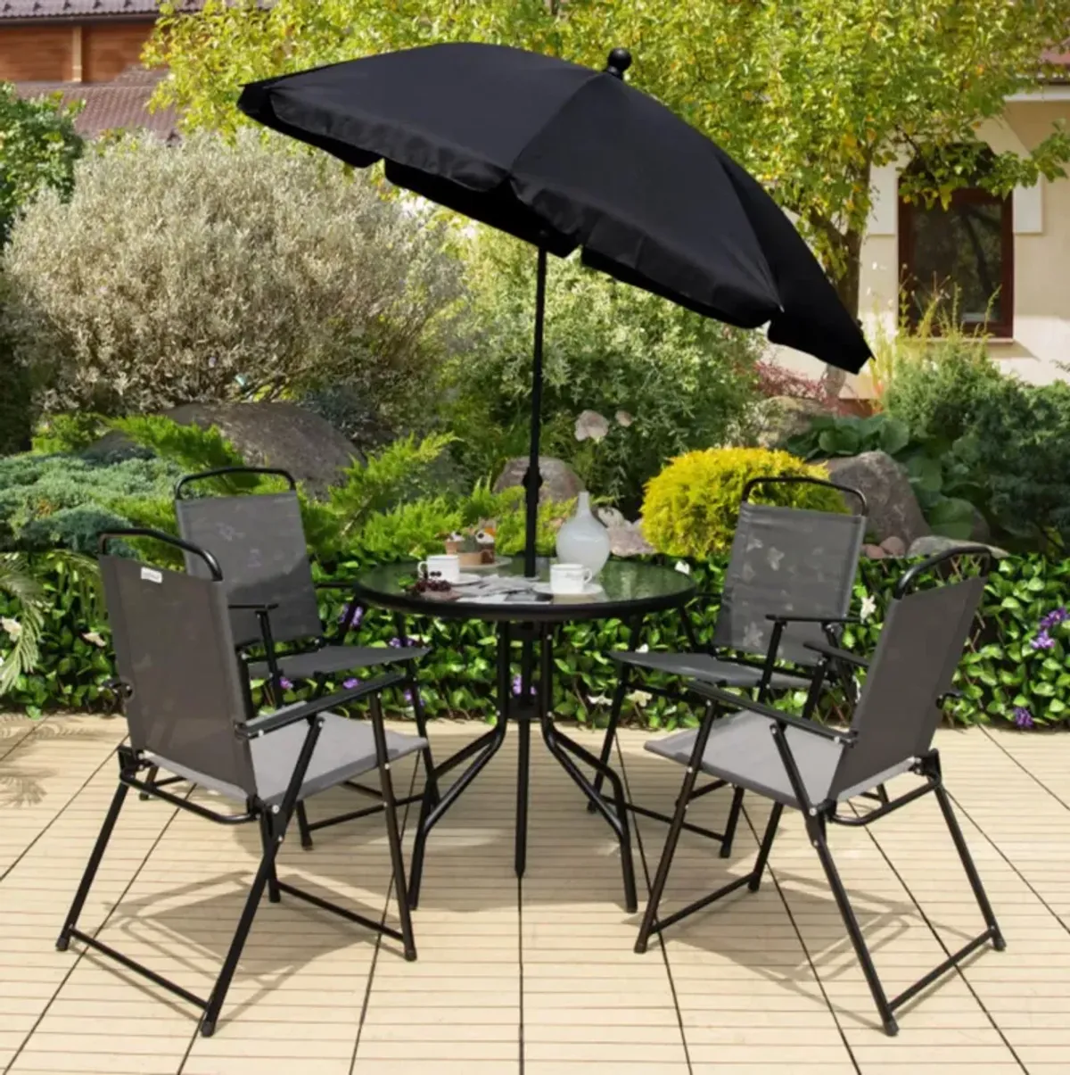 Hivvago 6 Pieces Patio Dining Set Folding Chairs Glass Table Tilt Umbrella for Garden-Gray