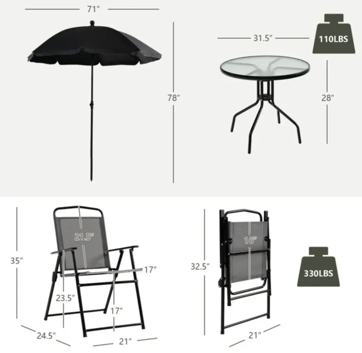 Hivvago 6 Pieces Patio Dining Set Folding Chairs Glass Table Tilt Umbrella for Garden-Gray