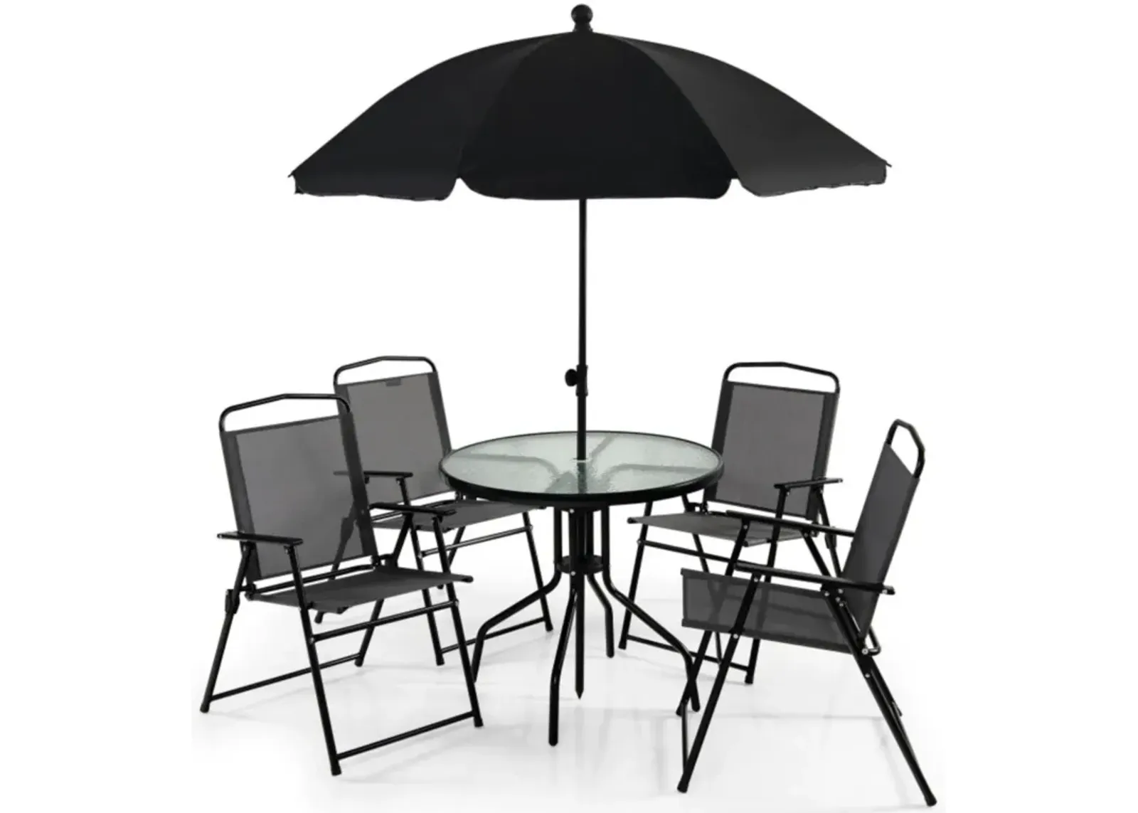 Hivvago 6 Pieces Patio Dining Set Folding Chairs Glass Table Tilt Umbrella for Garden-Gray