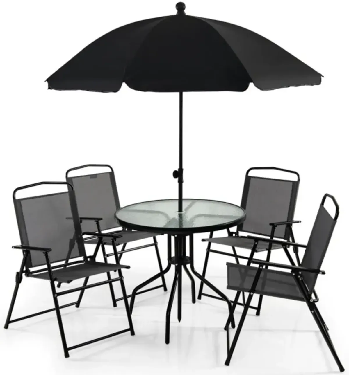 Hivvago 6 Pieces Patio Dining Set Folding Chairs Glass Table Tilt Umbrella for Garden-Gray