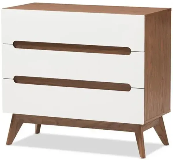 Calypso Mid-Century Modern White and Walnut Wood 3-Drawer Storage Chest