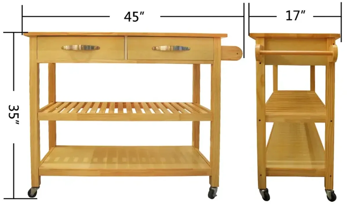 Hivvago Wooden Utility Kitchen Island Cart Two Utility Drawers and a Towel Holder