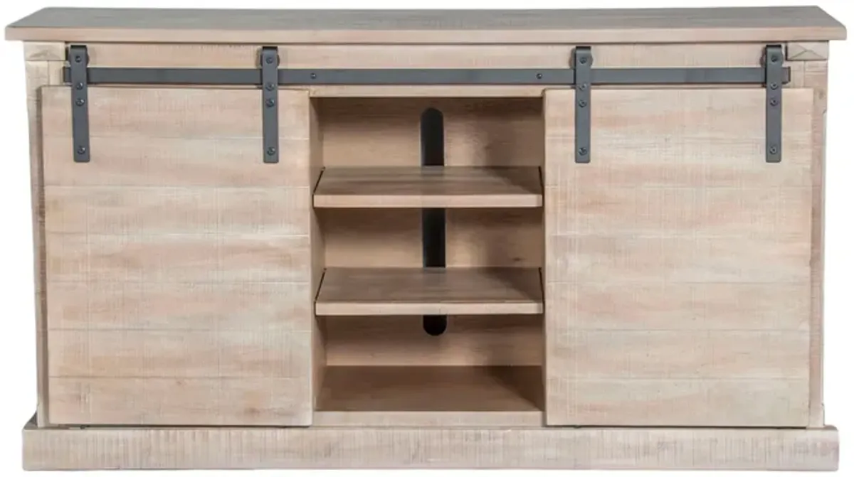 Zena TV Media Console, 3 Shelves, 2 Barn Doors, Taupe Wood, 65 Inch - Benzara