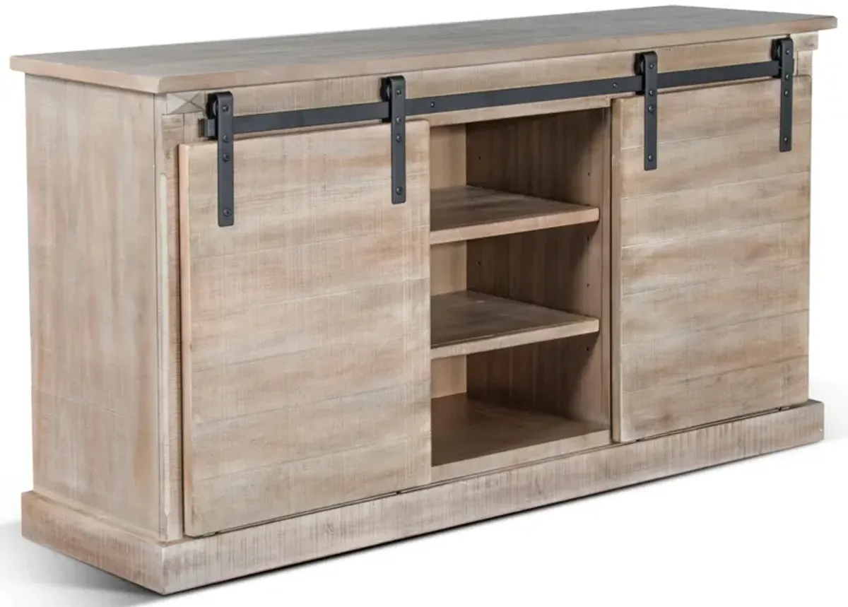 Zena TV Media Console, 3 Shelves, 2 Barn Doors, Taupe Wood, 65 Inch - Benzara