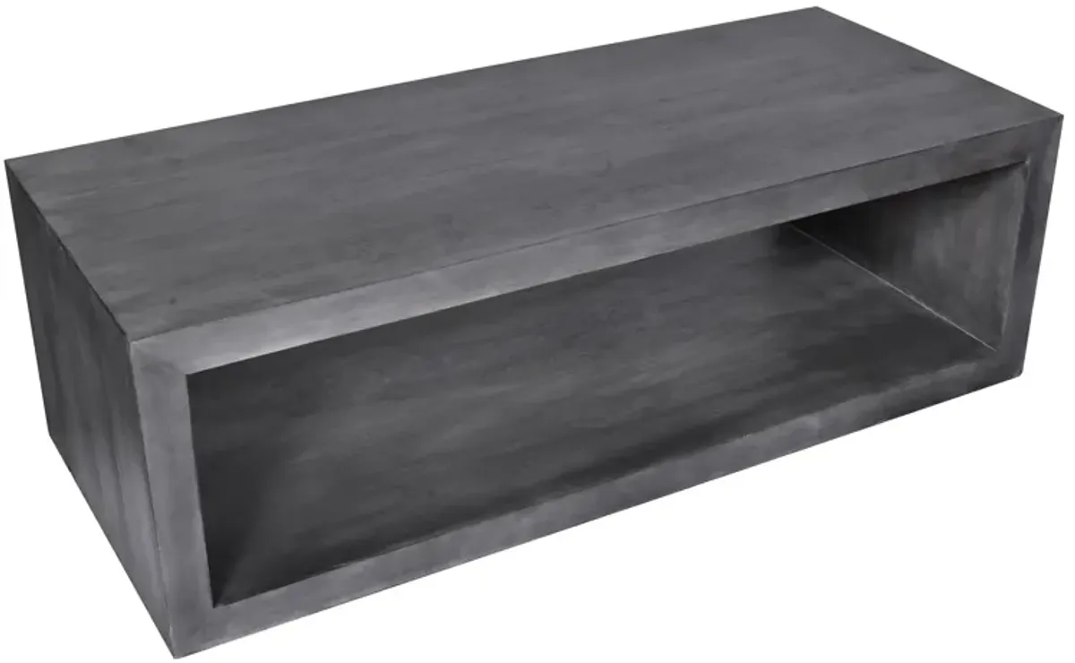 58" Cube Shape Wooden Coffee Table with Open Bottom Shelf, Charcoal Gray-Benzara